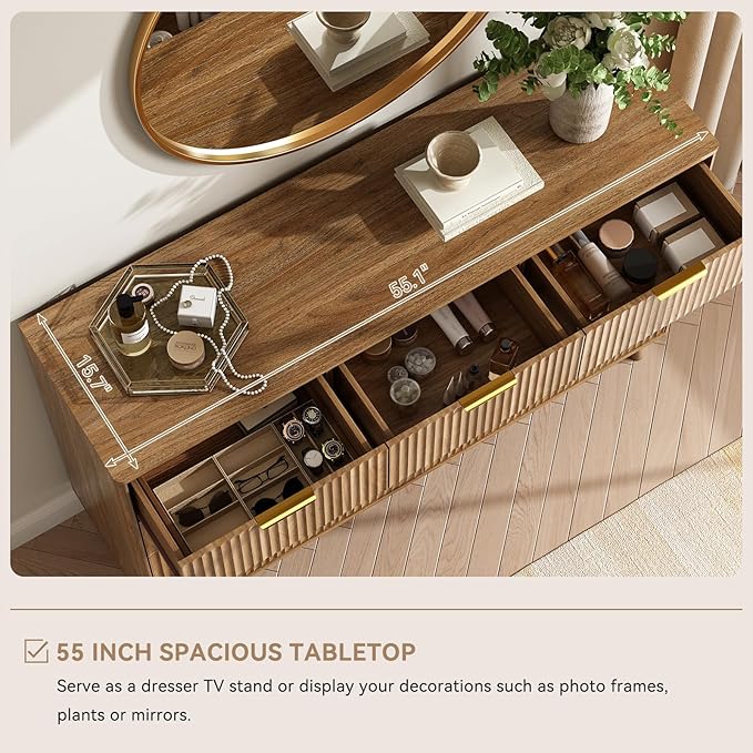 CARPETNAL Fluted Dresser and Nightstand Sets for Bedroom, 3 Pcs Bedroom Set, 9-Drawer Dresser & 2-Drawer Nightstand Set of 2, Modern Wood Chest of Drawers for Living Room, Entryway, Walnut