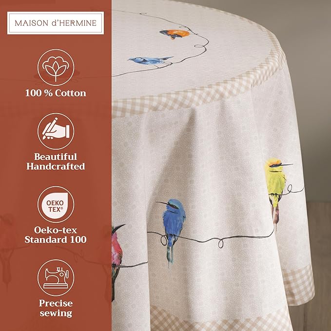 Maison d' Hermine Table Cloth Round Table 100% Cotton 63 Round Inches Tablecloth Reusable Decorative for Dining Room Farmhouse Home Valentines Day Decorations Spring Summer - Birdies on Wire