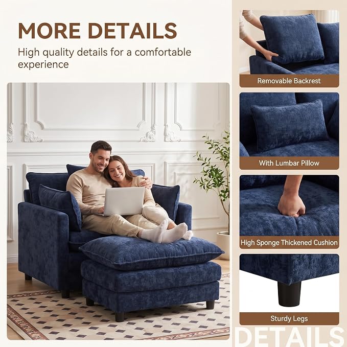 Oversized Accent Chair with Ottoman, Chenille Cloud Single Sofa Upholstered Double-Layer Seat Lounge Armchair with Pillows for Living Room Reading Apartment, Blue
