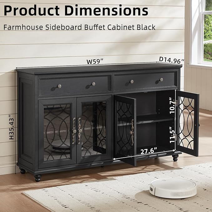 Large Sideboard Buffet Cabinet with Storage,59" Credenza with 4 Glass Doors & 2 Drawers,Adjustable Shelves Coffee Bar,Wood Kitchen Console Table for Dining Room,Living Room,Black