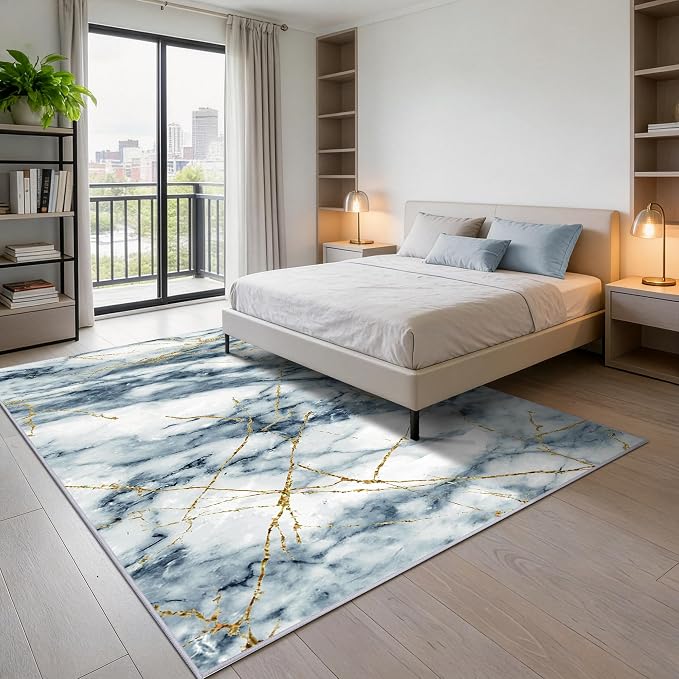 Merelax 6x9 Area Rugs for Living Room - Washable Non-Slip Abstract Blue Rug, Indoor Floor Carpet Low Pile Soft Rug for Bedroom Dining Room, Mudroom, Modern Aesthetic Decor, Blue/Gold