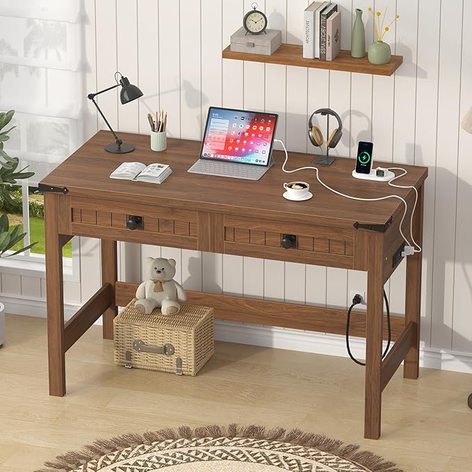 YOMILUVE Farmhouse Computer Desk with 2 Drawers, 39 Inch Small Office Computer Desk with Power Outlets, Compact Writing Study Vanity Desk for Small Spaces, Brown