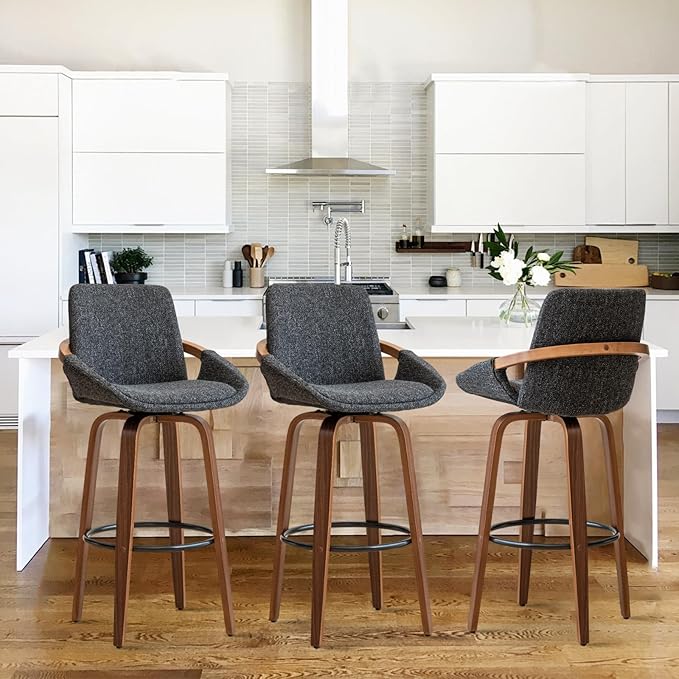 LUNLING 25.6" Counter Height Bar Stools Set of 3 Mid Century Modern Retro Bar Chairs Charcoal Darkgray Linen Look Fabric Upholstered and Walnut Wood Frame Barstools for Home Bar Furniture