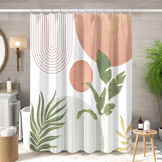 Mid Century Boho Shower Curtain, Abstract Modern Sun Minimalist Aesthetic Shower Curtain, Bohemian Geometric Arch Curve Leaves Neutral Art Fabric Bathroom Curtains Pink 72x78 inch