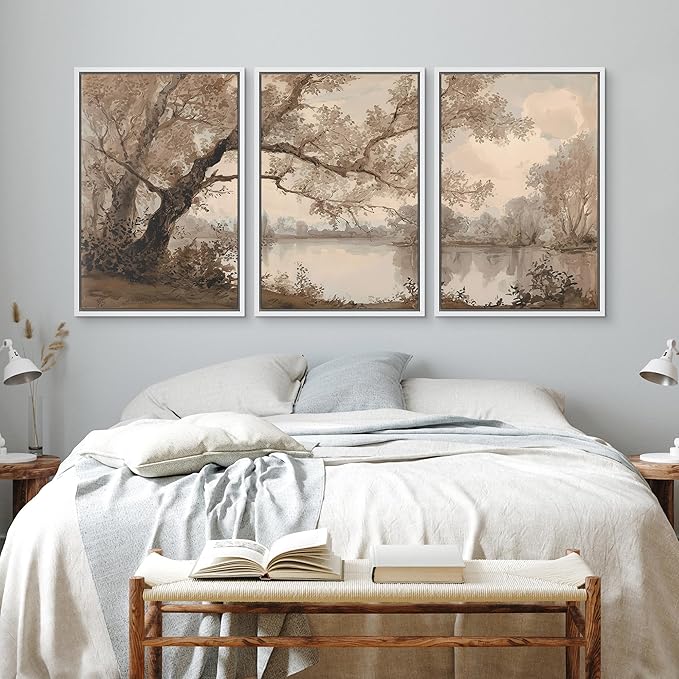 wall26 Framed Print Wall Art Set Sepia Watercolor Lakeside Tree Landscape Decorative Minimal Relax/Zen for Living Room, Bedroom, Office - 24"x36"x3 White