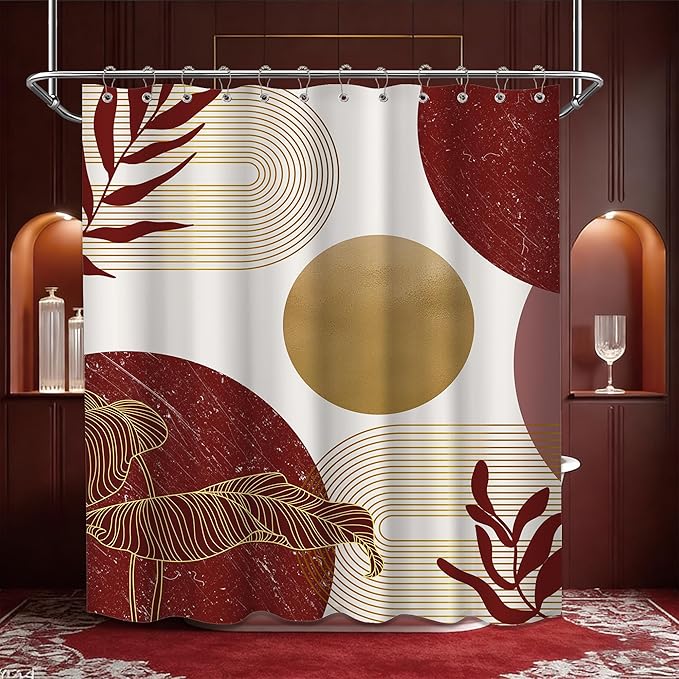 Red and Gold Shower Curtain Burgundy Dark Red and White Shower Curtains for Bathroom Decor Abstract MCM Bath Curtain Set, Waterproof Fabric with Hooks 70 x 84 Inch