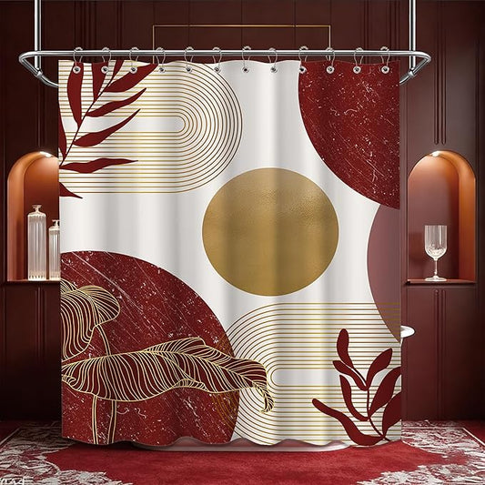Red and Gold Shower Curtain Burgundy Dark Red and White Shower Curtains for Bathroom Decor Abstract MCM Bath Curtain Set, Waterproof Fabric with Hooks 70 x 84 Inch