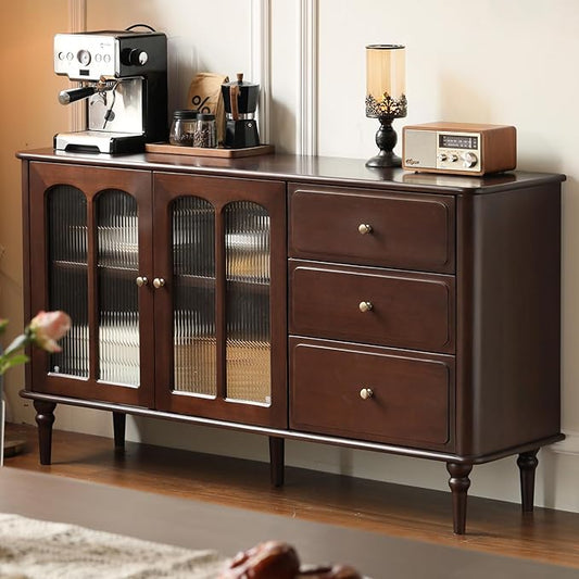 YESWOOD Mid-Century Modern Sideboard Buffet Cabinet with Storage, 49.2'' Vintage Storage Cabinet with Arch Fluted Glass Door & 3 Drawers for Dining Room, Living Room, Entryway, Walnut