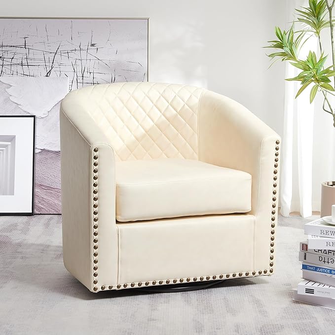 KINWELL 29" Wide Tufted Faux Leather Swivel Barrel Chair, PU Leather Modern Upholstered Accent Chairs with Nailhead Trim, Small Armchair for Living Room Bedroom, Cream