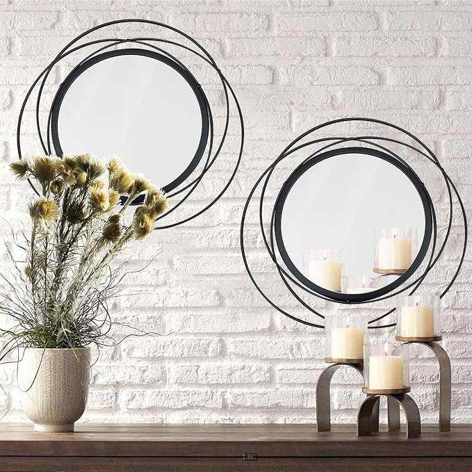 2 Set Circle Mirrors for Wall Decor for Living Room Bedroom Bathroom Entryway Metal Round Mirror Decorative Hanging Mirrors Sun Bohemian Geometric Accent Sculpture -Black 15.7 in