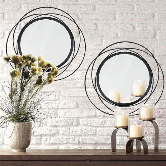 2 Set Circle Mirrors for Wall Decor for Living Room Bedroom Bathroom Entryway Metal Round Mirror Decorative Hanging Mirrors Sun Bohemian Geometric Accent Sculpture -Black 15.7 in