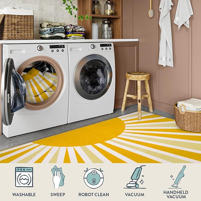 Lahome Yellow Rainbow Sun Area Rug: 9'x12' Ultra-Thin Machine Washable & Non-Slip with Cute Boho Print for Nursery, Bedroom, Living Room, Classroom & Dorm