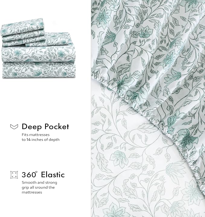 RUVANTI 100% Cotton Percale Sheets California King Size 6 Piece Set, Cooling Bed Sheets for Hot Sleepers, Deep Pocket 14”, Breathable Lightweight & Durable, Crisp Hotel Style Sheets, Wildflower Nest