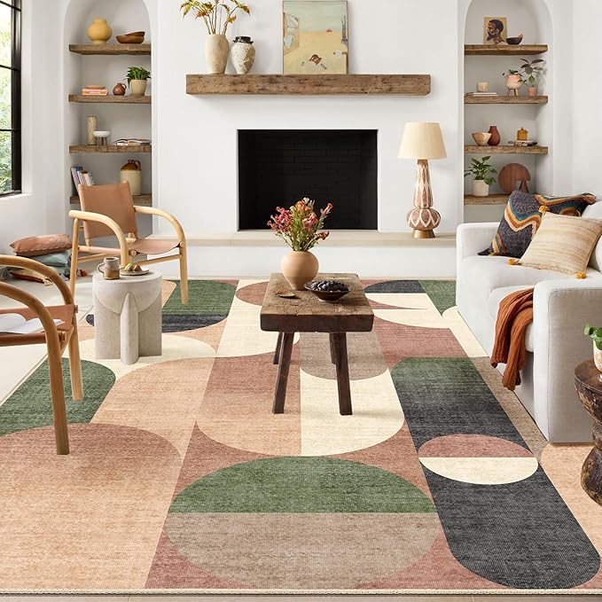 6x9 Area Rugs Modern Washable Rug for Living Room Bedroom,Large Retro Orange Geometric Non Slip Carpet for Kitchen Dining Room
