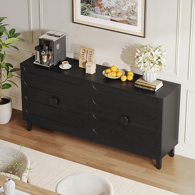 ONBRILL 63" Sideboard Buffet Cabinet with Storage, Large Buffet Cabinet with 4 Circular Panel Design Doors and Adjustable Shelves, Modern Sideboard for Living Room, Kitchen (Black)