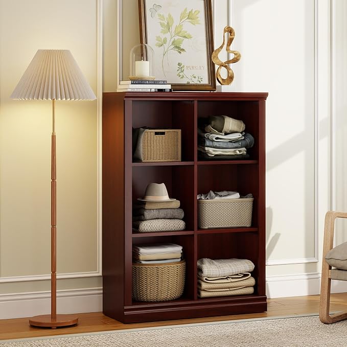 Bevfint Vertical 6-Cube Bookshelf - 3-Tier 6 Cube Storage Organizer, Open Bookcase and Book Shelves, 30 inch Width Wooden Book Case for Home Library Office, Mahogany