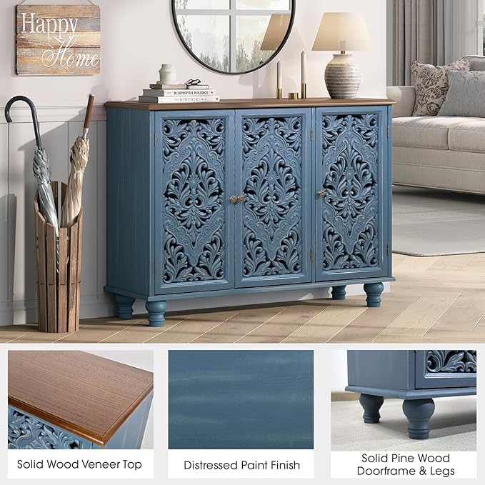 JOINICE Accent Cabinet with 3 Carved Doors, Distressed Sideboard Buffet with Storage & Solid Wood Legs, 43" Vintage Console Table for Living Room,Entryway,Coffee Bar,Hallway(Blue & Walnut)