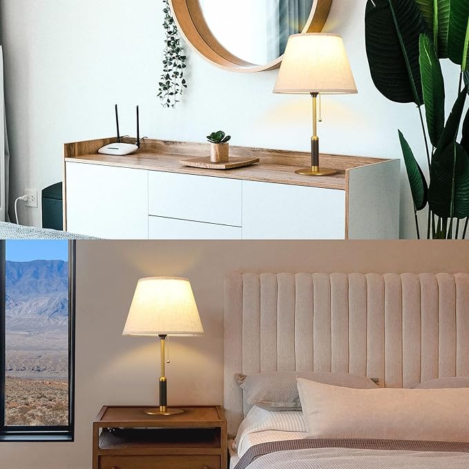 21" Modern Bedside Lamp Mid Century Table Lamp, Pull Chain Nightstand Lamp for Bedroom Living Room 3-Color Light, Solid Wood/Metal/Fabric for Home/Office/Desk Decor (Light Brown+Brass)