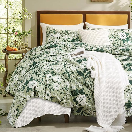 Green Floral Duvet Cover King 100% Cotton Decorative Emerald Duvet Cover 3 Pcs Set Dark Green Botanical Duvet Cover with Zipper Ties 2 Pillowcases Tropical Floral Bedding