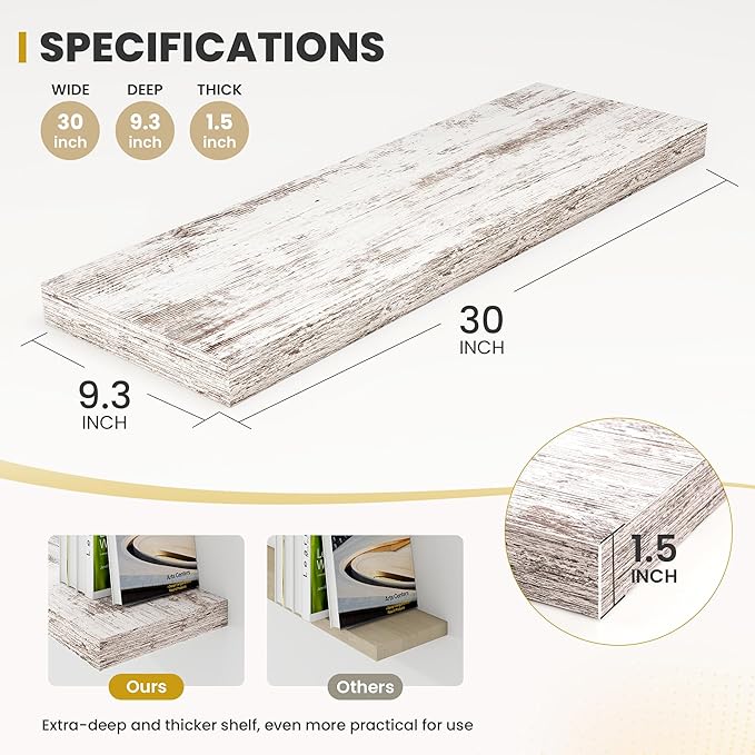 30 Inch Floating Shelves, 9.3" Deep Floating Shelf Wall Mounted, 30" Wall Shelves, Rustic Deep Bookshelf, Large Display Shelves & Storage Shelves for Bedroom, Living Room, Rustic, Set of 2