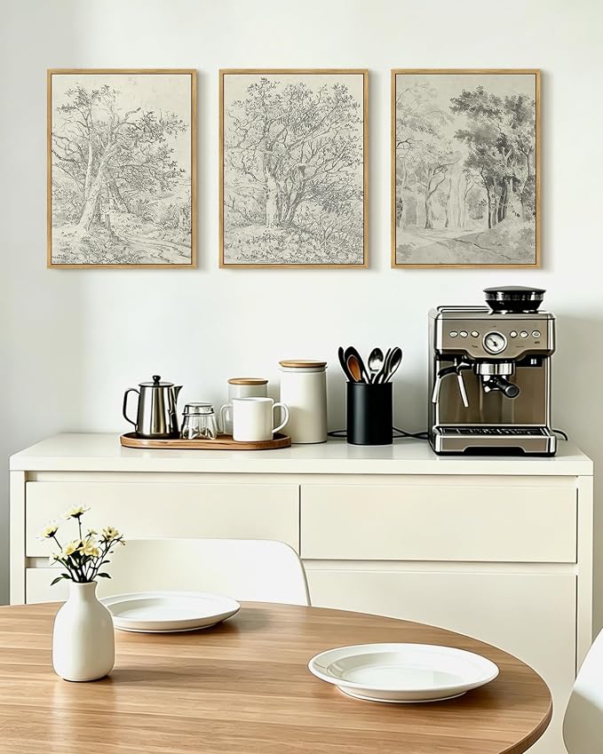 KUVIOKE Vintage Tree Framed Wall Art Retro Antique Forest Drawings Nature Wilderness Sketch Wall Painting Modern Landscape Decor 12x16in (Natural Framed)
