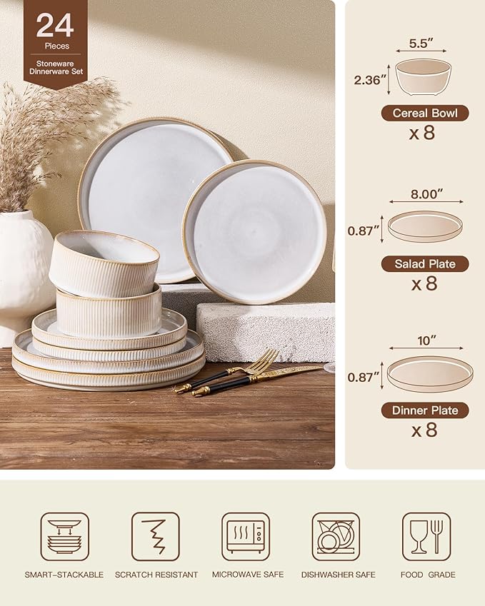 24-Piece Dinnerware Set for 8, Famiware Premium Stoneware Dish Set with Ribbed Plates and Deep Bowls, Double Reactive Glaze, Chip & Scratch Resistant, Microwave & Dishwasher Safe, Cappuccino White