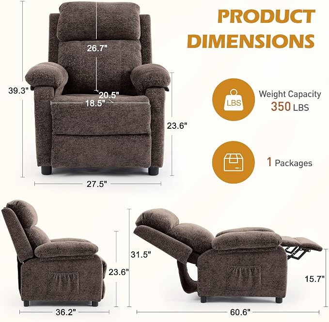 Korser Recliner Chair, Living Room Chairs for Adults, Padded Deep Seat Reading Chair with Side Pockets, Small Recliners for Small Spaces, Lounge Chair for Living Room, Bedroom, and RV (Chenille)