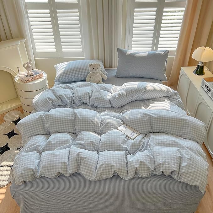 mixinni Light Blue Gingham Duvet Cover Set Full Size - 100% Washed Cotton 3 Piece Plaid Checkered Bedding Set, Soft Comfy Grid Farmhouse Comforter Cover with Zipper Closure & Corner Ties