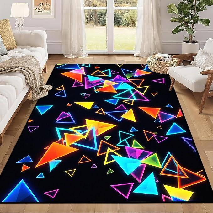 Triangle Area Rug 4'x6' Blacklight Glow in The Dark Geometric Rug Non-Slip Washable Colorful Neon Light Floor Mat for Bedroom Living Room Nursery Kitchen Playroom Home Decor