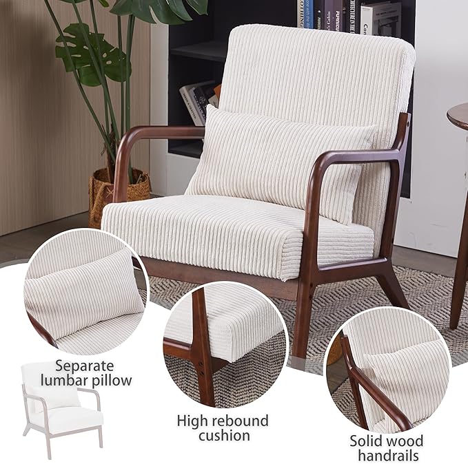 Accent Chairs Set of 2, Mid Century Modern Chair with Pillow, Arm Chair with Solid Wood, Reading Relaxing Leisure Chair for Living Room, Waiting Room, White