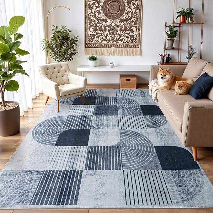 Large 9x12 Area Rugs for Living Room-Soft Modern Geometric Gray Rug for Bedroom, Washable Non-Slip Indoor Floor Abstract Carpet for Dining Room Nursery Office Home Decor