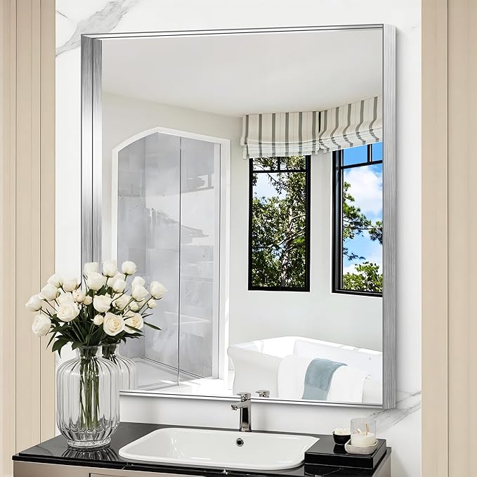 CIRCUMI Silver Bathroom Mirror, 30"x36" Rectangular Mirror with Deep Metal Frame, Brushed Finish, Tempered Glass, Mirror for Wall, Oversink, Bedroom, Installed Vertically/Horizontally, Crystal-Clear