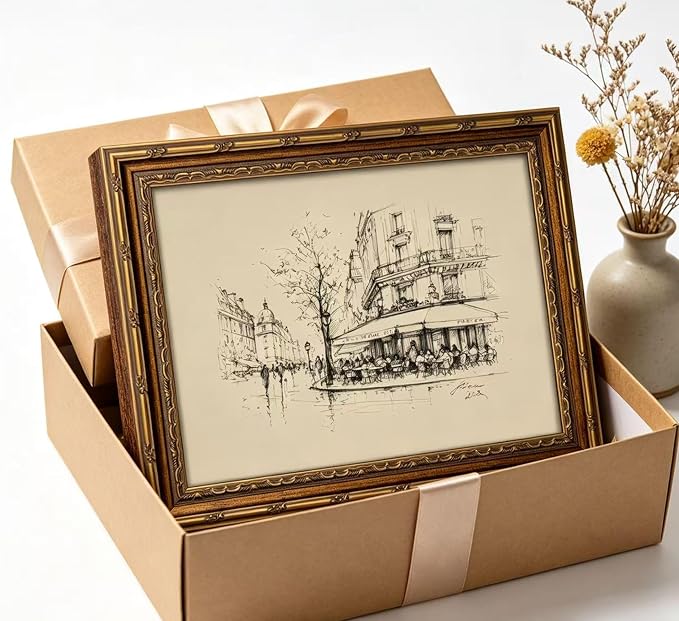 Vintage Gold Framed Black and White Sketch Wall Art French Cafe Sketch Canvas Prints Retro Paris City Landscape Poster Artwork French Bistro Wall Decor for Dining Room Kitchen Urban Decor 9x11in