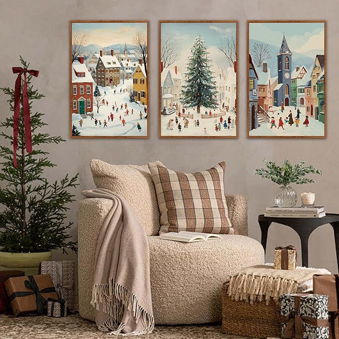 HLNIUC Christmas House Snowy Scene Framed Wall Art,Christmas Pine Trees Landscape Wall Decor,Modern Xmas Snow Scene Canvas Painting,Vintage Winter Festive Art Print for Living Room Bedroom-16 x24 x3