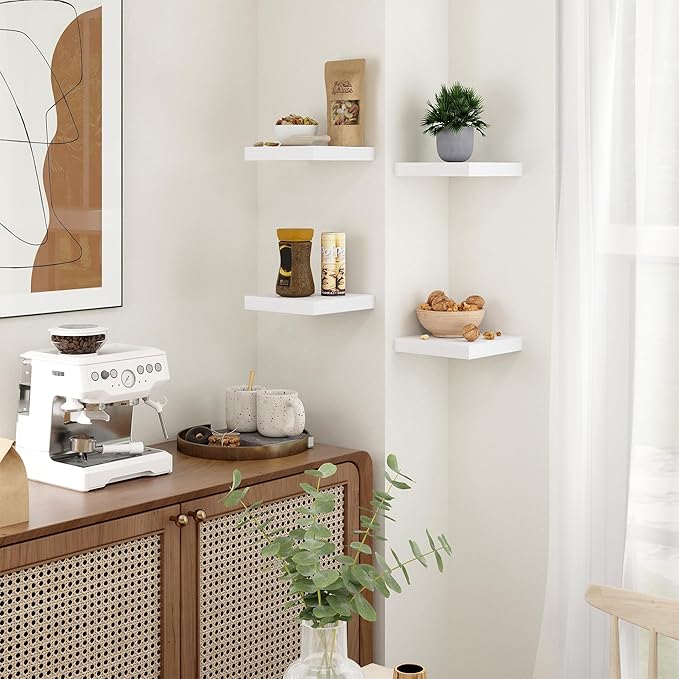 Fun Memories Floating Shelves for Wall - 7.5 Inch Square Shelves with Invisible Brackets, White Small Wall Shelf for Living Room, Bathroom, Bedroom, and Kitchen Decor，Set of 4