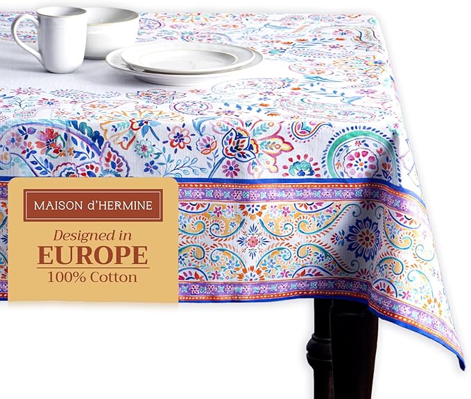 Maison d' Hermine Table Cloth Rectangle Table 100% Cotton 60 x 90 Inches Tablecloth Reusable Decorative for Dining Room Farmhouse Home Valentines Day Decorations Spring Summer - Indian Floral