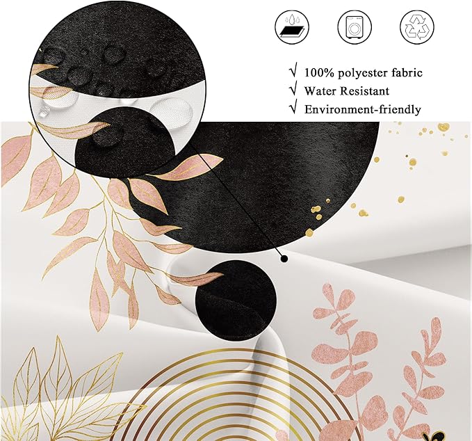 Riyidecor Black and Pink Mid Century Boho Shower Curtain for Bathroom Decor 72Wx72H Bohemian Modern Arch Leaves Plants Gold Eucalyptus Art Printed Fabric Polyester Waterproof 12 Pack Plastic Hooks