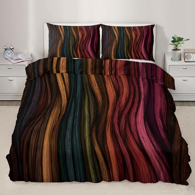 Modern Abstract Wavy Stripe Dark Duvet Cover Full Size, Boho Colorful Stripe Bedding Set 3 Piece, Ethnic Geometric Patterned Comforter Cover with Zipper Soft Microfiber, 2 Pillowcases
