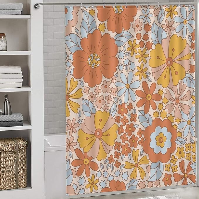 Hippie Floral Shower Curtain, Retro 70s Vintage Orange Daisy Groovy Cute Flower Aesthetic Boho Funky Trippy Waterproof Fabric Bath Shower Curtain Set with Hooks, 72"x72" Inch