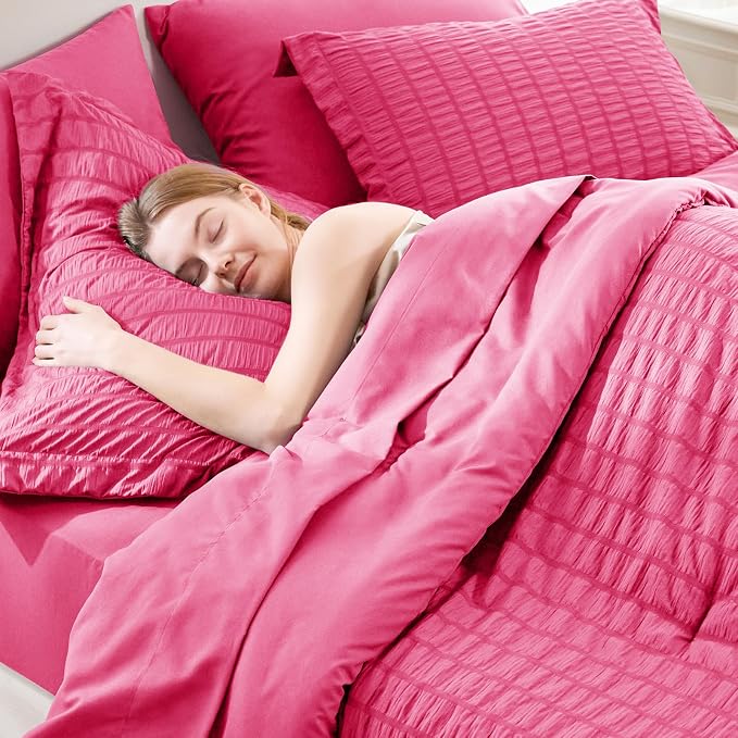 CozyLux Full Size Comforter Sets Hot Pink, 7 Pieces Seersucker Textured Luxury Bed in a Bag, All Seasons Soft Bedding Sets with Down Alternative Comforter, Sheets, Pillowcases & Shams, Home Gift
