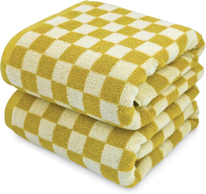 Jacquotha Luxury Bath Towels - Pack of 2 Cotton Fall Bathroom Towels Sets for Body Drying 55x27.5 Inches, Mustard Yellow Checkered