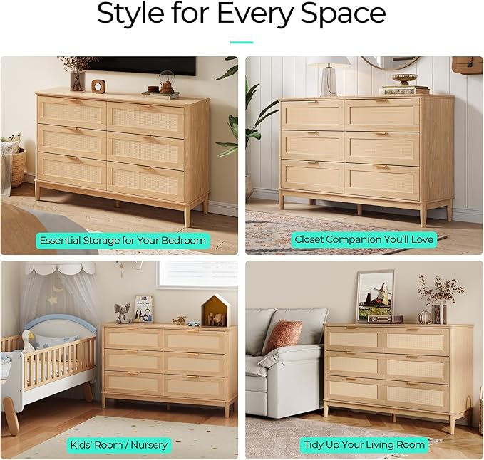 LINSY Rattan 8 Drawer Dresser for Bedroom, 47" Wide Mid-Century Modern Tall Chest of Drawers, Deep Storage Dresser with Curved Corner Design, Large Accent Wood Cabinet for Bedroom, Oak