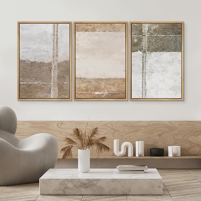 SIGNWIN Framed Canvas Print Wall Art Set Grunge Gray Brown Pastel Landscape Abstract Shapes Illustrations Modern Art Geometric Zen Mid-Century for Living Room, Bedroom, Office - 24"x36"x3 Natural