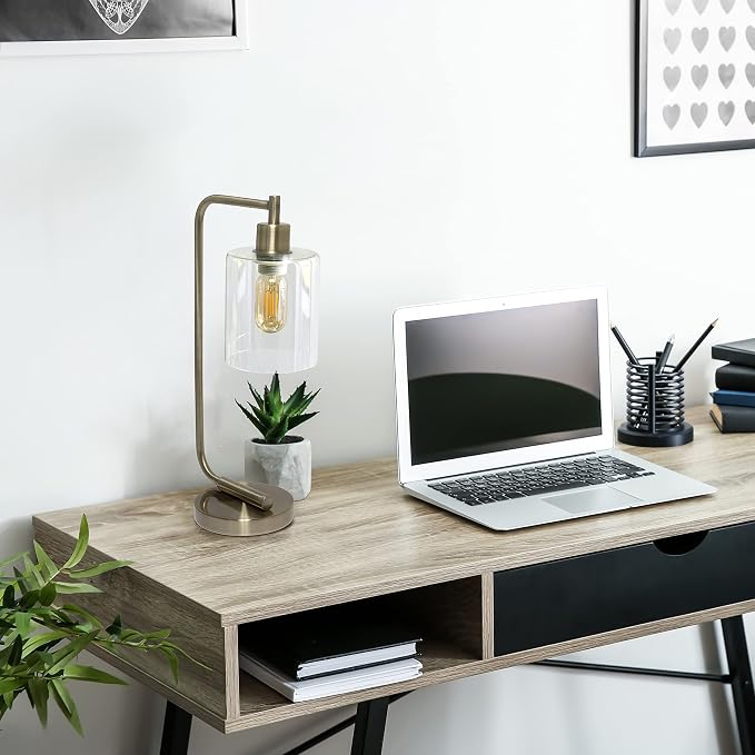 Simple Designs LD1036-ABS-LB 18.8" Industrial Bronson Antique Style Iron Lantern Desk Table Lamp with Glass Shade for Office, Living Room, Bedroom, Antique Brass, with Feit LED Bulb Included