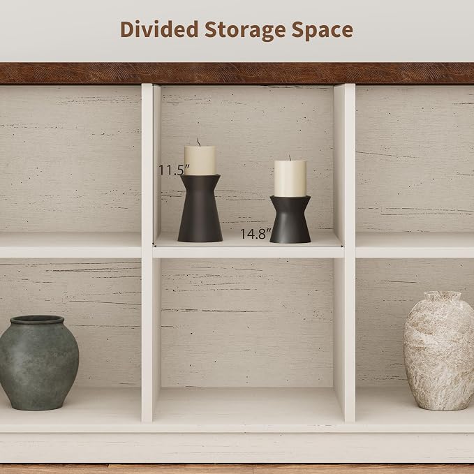 GarveeHome 8 Cube Storage Organizer Bookshelf, Farmhouse Horizontal Bookcase, 62 in Wood Storage Bookcase for Entryway, Long Low Bookshelves for Living Room (Brown and White Contrast, 8 Cube)