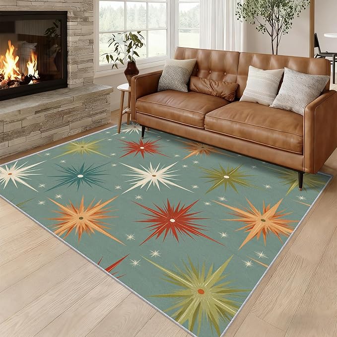 Mid Century Modern Rugs for Living Room Decor, 6x8 ft, Retro Atomic Geometric Area Rugs for Bedroom, Soft Non Slip Washable 1950s MCM Starburst Carpet Home Decorations D-g48