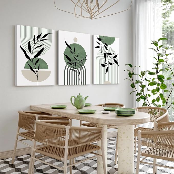 Mid Century Modern Wall Art Set of 3 Sage Green Canvas Wall Art Boho Prints Green Wall Decor Black Beige Abstract Wall Art Picture Mid Century Painting for Home Bedroom 12x16 Inch Wrapped Canvas