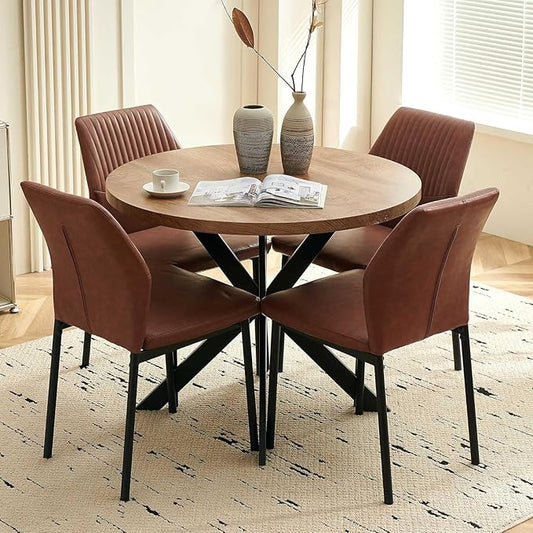 37" Round Dining Table Set for 4, Mid Century Modern Small Coffee Set for Dining Room Kitchen Apartment (Walnut Table + 4 PU Leather Brown Chairs)