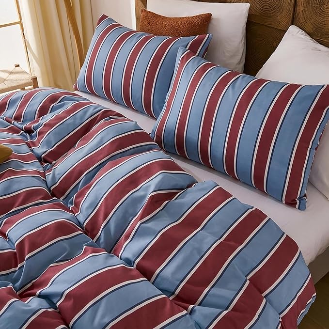 Merryword Burgundy and Blue Striped Duvet Cover Set Queen Size, 100% Cotton Bedding Set with Zipper Closure & 8 Corner Ties, Awning Stripe Bedding, Soft Breathable Comforter Cover for All Seasons