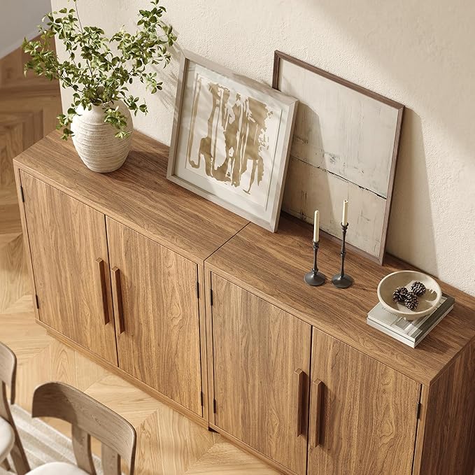 Wood Set of 2 Sideboard Cabinet, 63'' Sideboard Buffet with Adjustable Shelf, Modular Credenza Accent Storage Console Cabinet with Magnetic Doors for Entryway, Living Room, Kitchen, Walnut